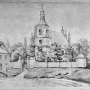 Akwarela Napoleona Ordy przedstawiająca stary kościół jeszcze przed rozbudową. Ilustracja pochodzi z wydanego w XIX wieku Albumu widoków Polski.