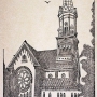 Kościół św. Wojciecha, wówczas ewangelicki p.w. św. Jana na pocztówce z okresu niemieckiego (1915-1919). Przeskalowany krzyż na wieży i nieudolna grafika nie oddaje ciekawej architektury neoromańskiego kościoła.